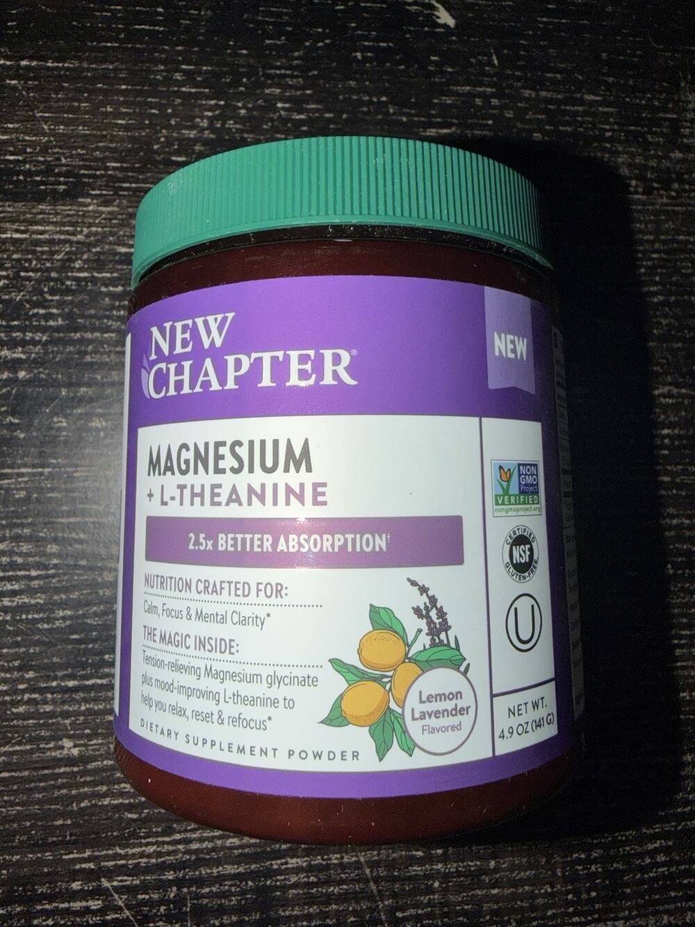 New Chapter Magnesium + L-Theanine Powder Lemon Lavender 4.9 oz Calm Focus Vegan